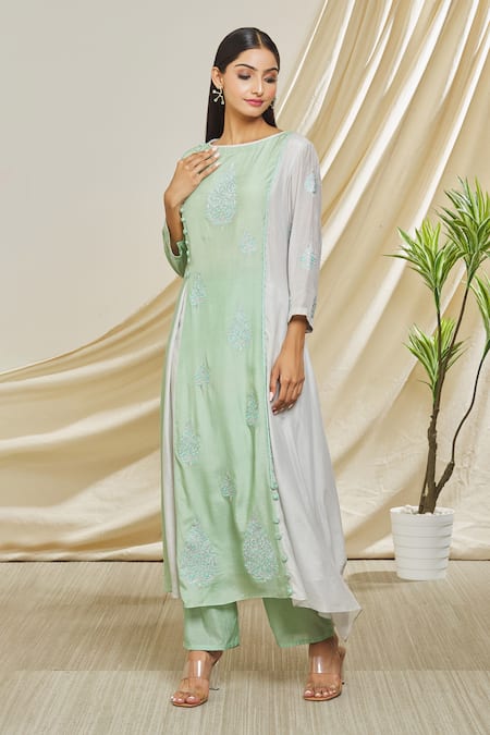 Peenacolada Green Cotton, Silk Embroidery Boat Neck Resham Work Panelled Kurta And Pant Set 