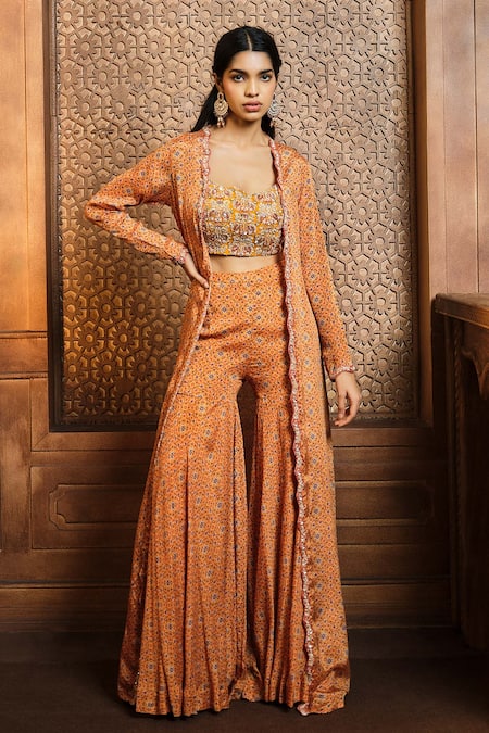 Beige and Gold Embroidered Jacket and Sharara Set | Ritika Mirchandani –  KYNAH