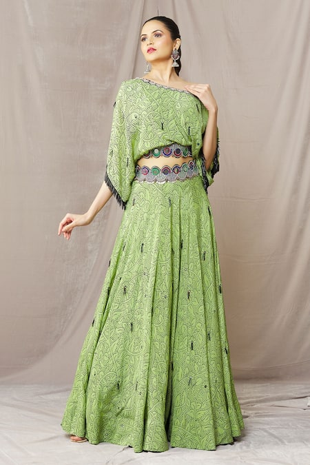 Nupur Kanoi Green Crepe Print Floral Asymmetric Neck Vine Lehenga And Top Set  