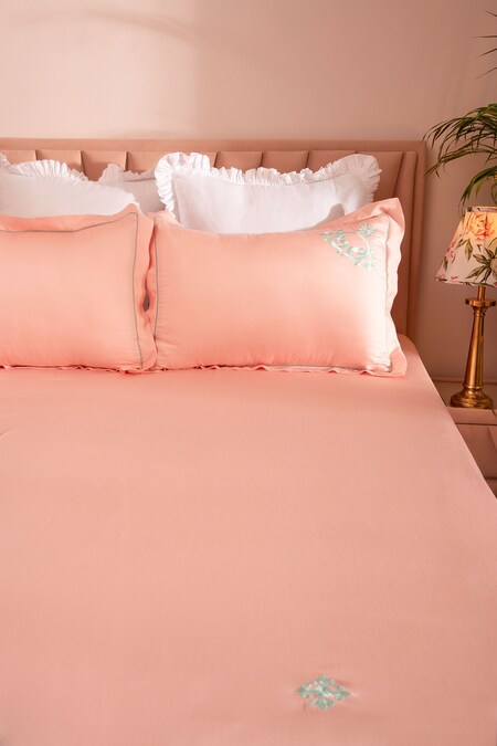 La Paloma Peach 100% Tencel Embroidered Floral Placement Bedsheet Set
