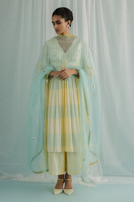 Surbhi Gupta Ivory Anarkali Georgette Block Print Polka Dot Aila Dual Shaded Set