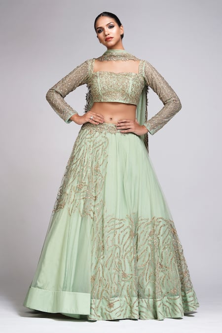 Shruti S Green Star Net Embroidery Zari Sweetheart Neck Lehenga Set 