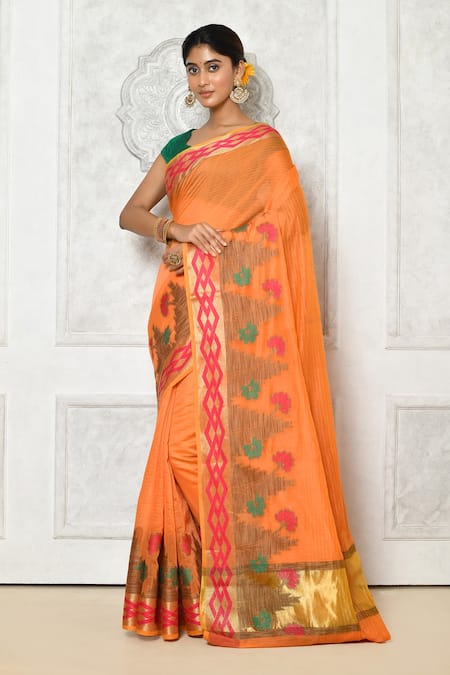 Nazaakat by Samara Singh Orange Saree Banarasi Cotton Silk Woven Geometric And Floral Border