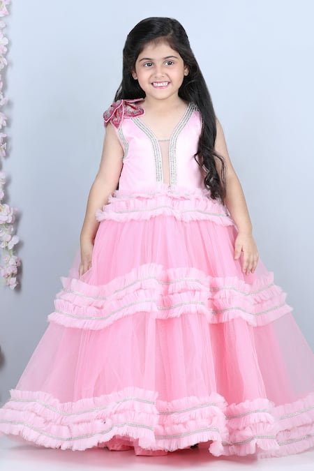 The little celebs Pink Net Embroidery Swarovski Placket Dress 