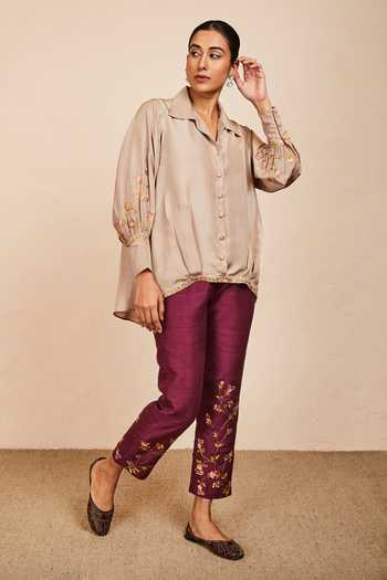 Buy Sue Mue Beige , Satin Embroidery Collared Asymmetric Hem Shirt And Pant Set at Aza Fashions Buy_Sue Mue_Beige , Satin Embroidery Collared Asymmetric Hem Shirt And Pant Set_at_Aza_Fashions