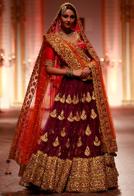 Mustard and Maroon Heavy Lehenga with Double Dupatta