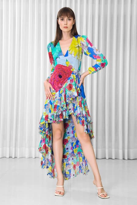 Mandira Wirk Resort Hibiscus Placement Print Ruffled Dress 