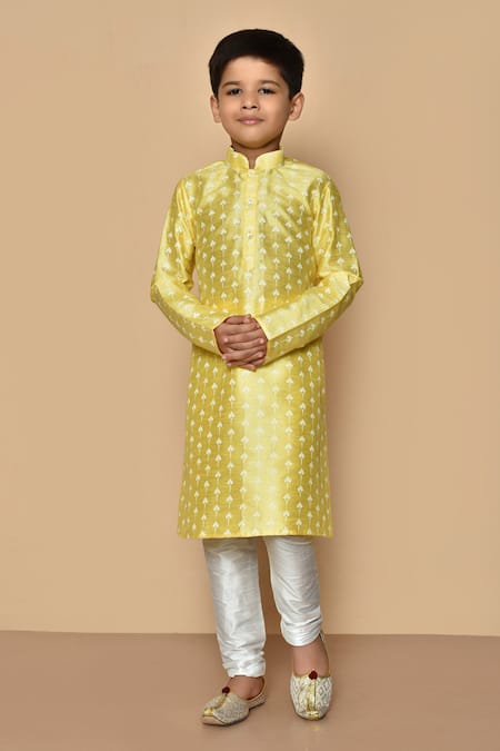 Aryavir Malhotra Yellow Silk Printed Floral Kurta And Churidar Set 