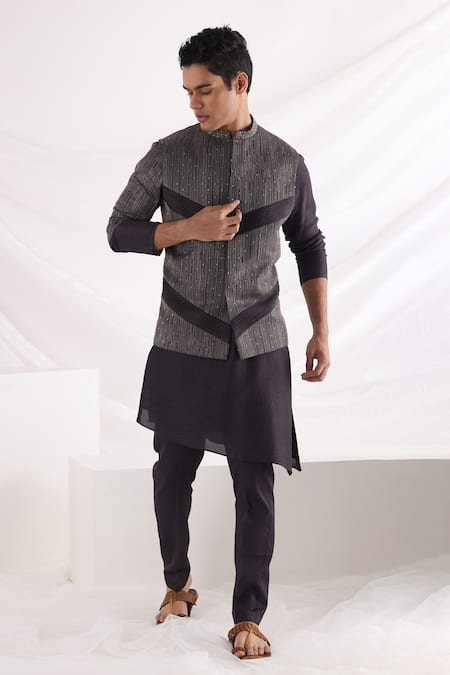 Smriti By Anju Agarwal Embroidered Black Linen Satin Bundi 