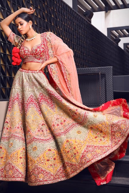 MOHA Atelier Multi Color Lehenga And Blouse Organza Embroidered Resham Zardosi Bridal Set