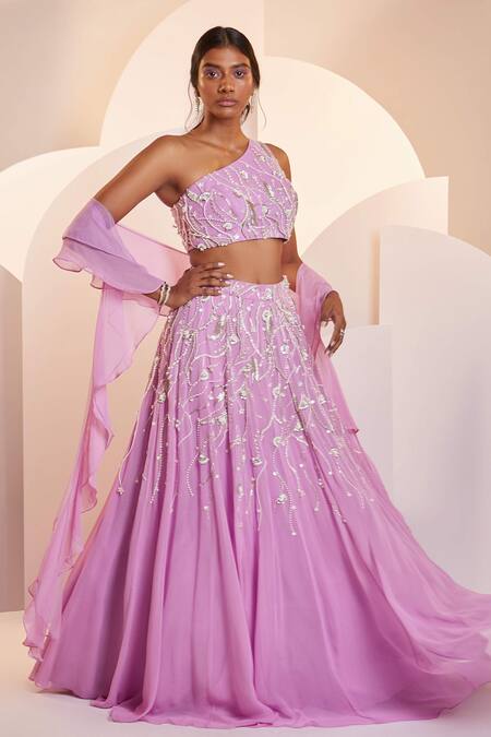Buy_Shloka Khialani_Purple Georgette Embellished Fiona One Shoulder Blouse Lehenga Set  _Online_at_Aza_Fashions