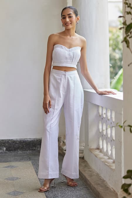 Betrue - White Cotton Linen Wide Leg Straight Pant For Women