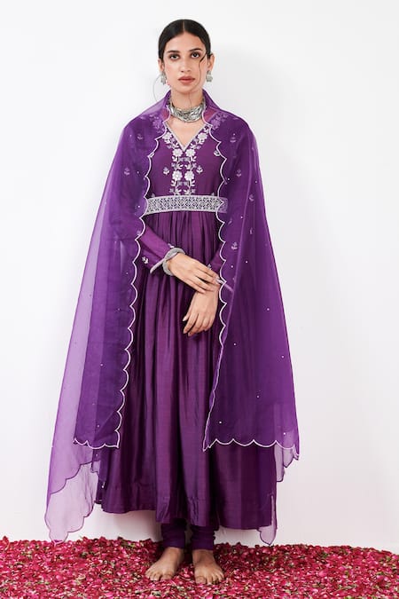Label Flamingo By Vrinda Purple Cotton, Silk, Lycra, Organza Floral Embroidered Anarkali Churidar Set 