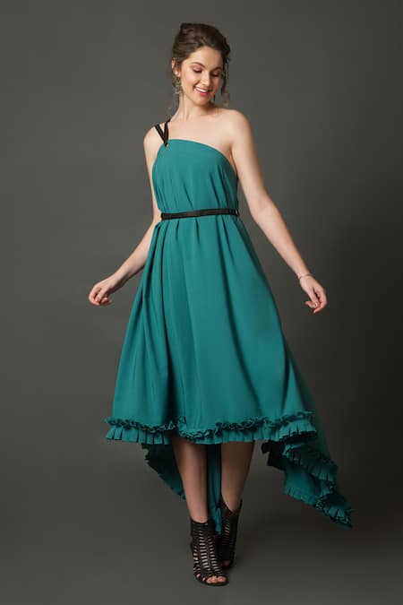 Long Aqua One Shoulder Chiffon Dress by Poly USA – ABC Fashion