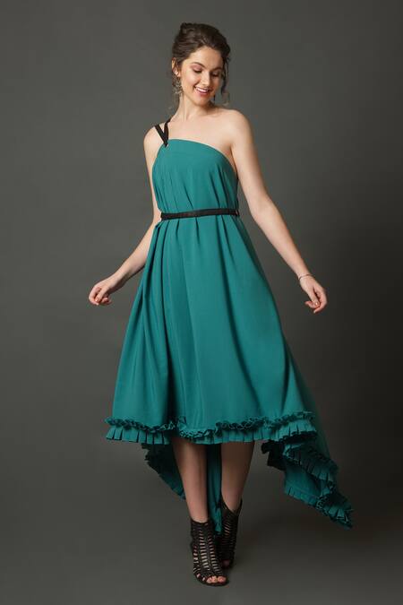 Long Aqua One Shoulder Chiffon Dress by Poly USA – ABC Fashion
