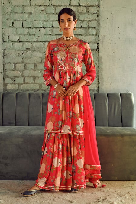 Karaj Jaipur Pink Muslin, Chiffon Embroidery Split V-neck Floral Print Anarkali Sharara Set 