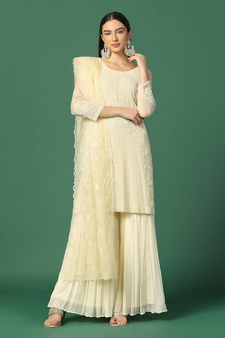 Two Sisters By Gyans Cream Georgette Embroidery Sequin Round Cut-dana Kurta Sharara Set 