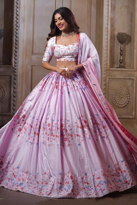 Label Priyanka Kar Pink Cotton Satin Printed Floral And Butterfly Patterns Flower & Lehenga Set 