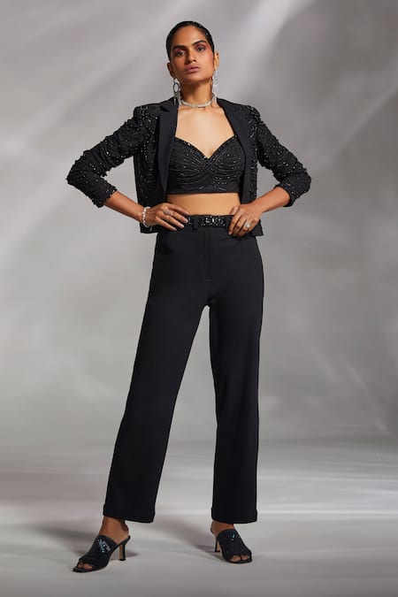 Divya Aggarwal Black Rough Interlock Embroidery Bead Work Audra Embellished Jacket Pant Set 