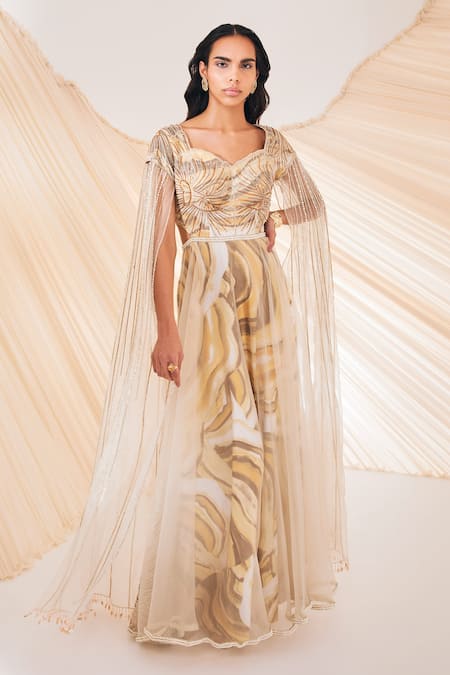 Divya Aggarwal Multi Color Organza Hand Embroidery Pearl Sweetheart Harlee Marble Effect Gown