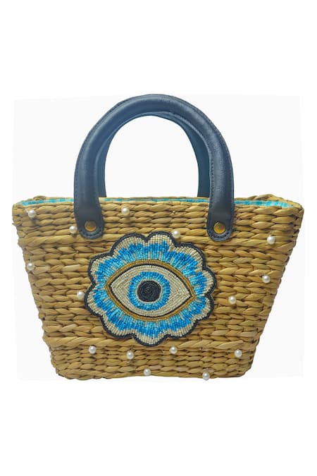 Gin & Tonic Evil Eye Embellished Basket Woven Beach Bag 