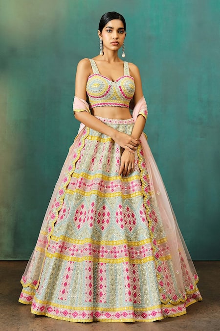 Aneesh Agarwaal Ivory Organza, Net, Linen Embroidery, Mirrors Sweetheart Geometric Lehenga Set