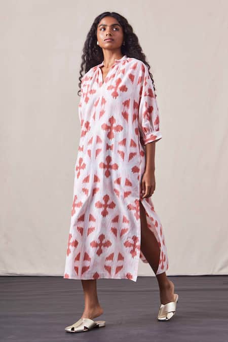 The Summer House Pink Cotton Mandarin Collar Cevvi Woven Ikat Side Slit Dress