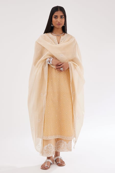 Kora Peach Cotton, Chanderi Sequins, Lace, Embroidery Round Neck Straight Kurta Set