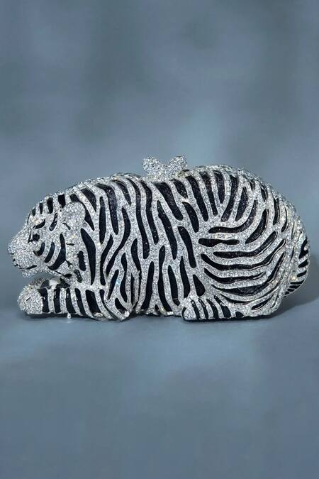 Buy Crystal Craft Black Embellished Tiger Shaped Crystal Studded Clutch at Aza Fashions Buy_Crystal Craft_Black Embellished Tiger Shaped Crystal Studded Clutch_at_Aza_Fashions