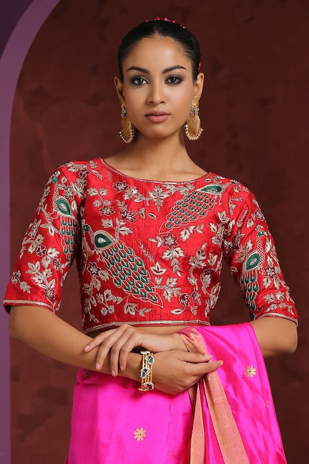 Weaver Story Red Raw Silk Hand Embroidered Zardozi Round Peacock Blouse 