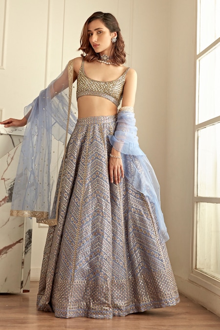 Studio Iris India Purple Organza Sequins, Embroidery Scoop Gazal Floral Pattern Bridal Lehenga Set 