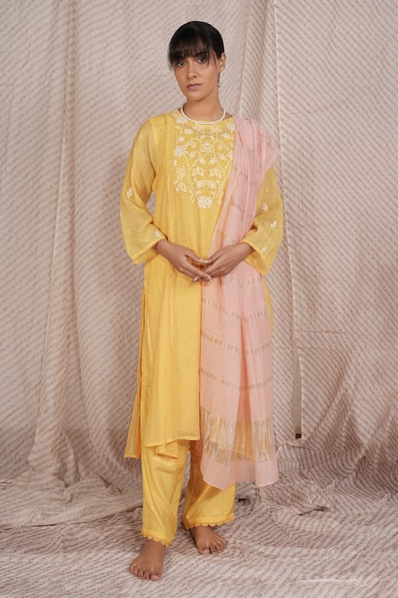 Pants And Pajamas Water Color Yellow Chikankari Kurta Pant & Dupatta - Set of 3 