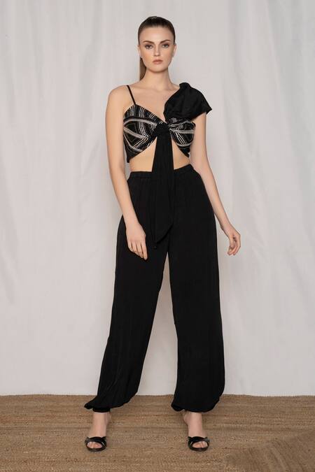 Amrta By Guneet Kondal_Black Viscose Beads, Sequins V-neck Embellished Draped Top And Pant Set_Online_at_Aza_Fashions
