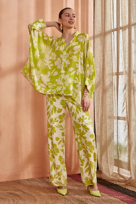 Label Deepika Nagpal Green Shirt Pearl Chiffon Floral Mandarin Amyra Pattern Kimono With Pant 