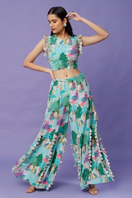 Payal Singhal Blue Crepe Tassels Round Neck Kuno Print Choli And Sharara Set 