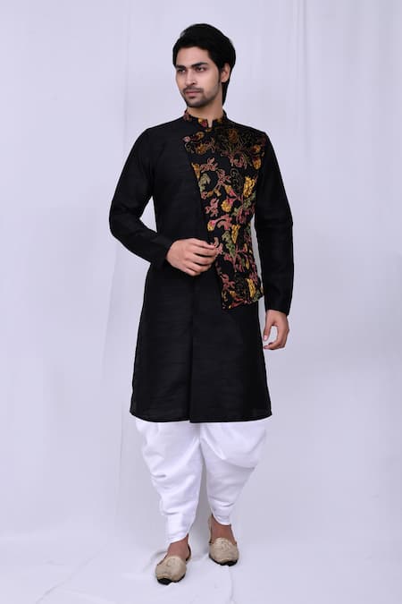Arihant Rai Sinha Black Art Silk Floral Pattern Overlapped Kurta And Cowl Pant Set