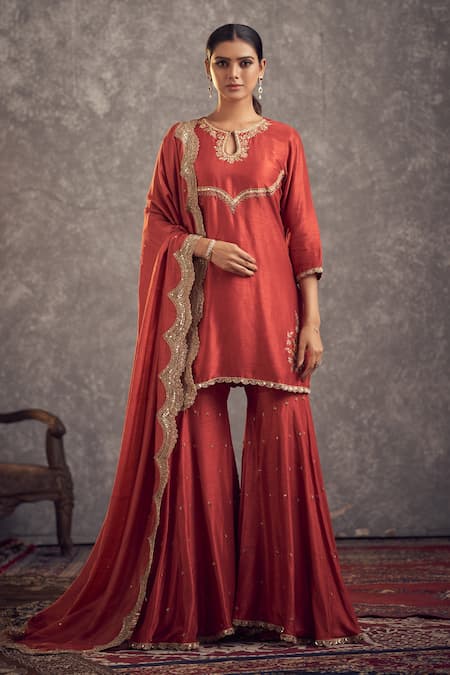 Hirika & Dhruti Red Silk, Cotton Embroidery Keyhole Neck Floral Hand Kurta Gharara Set 