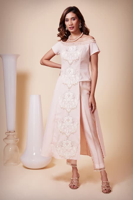 Saaj by Ankita Pink Moss Crepe Applique Embroidered Leather Flowers Off Shoulder Top And Pant Set 
