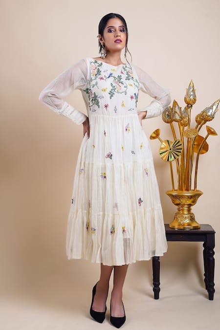 Bhusattva White Organic Cotton Silk Embroidery Sequin Boat Neck Tiered Dress  