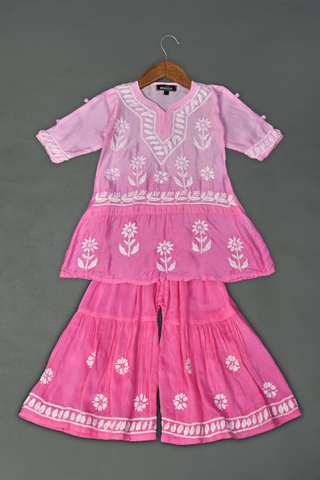 Maaikid Pink Muslin Embroidery Ombre A-line Kurta And Sharara Set 