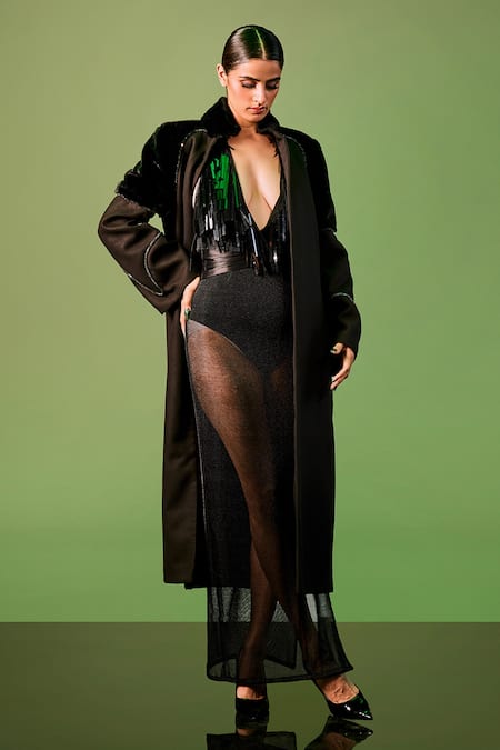 Sameer Madan Black Faux Leather, Fleece Glitter Merga Bien Shawl Collar Coat 