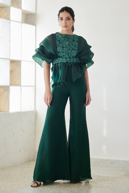 Mishru Green Pouf Top And Pant - Organza Embroidered Madison Set With Bib 