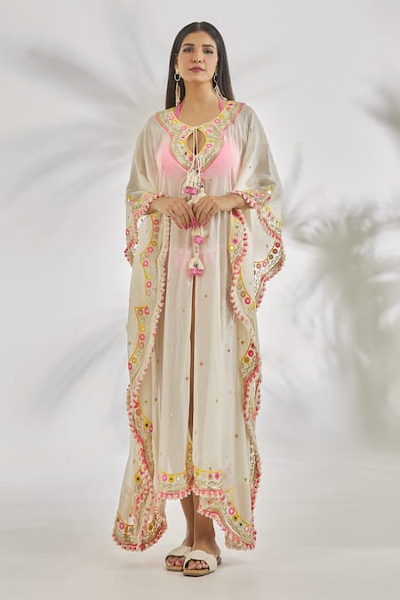 Gopi Vaid_Ivory V-neck Anya Scallop Trim Embroidered Kaftan_Online_at_Aza_Fashions