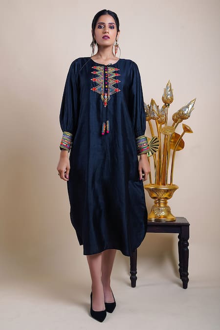 Bhusattva Black Organic Silk Embroidery Sequin Keyhole Geometric Placket Dress  