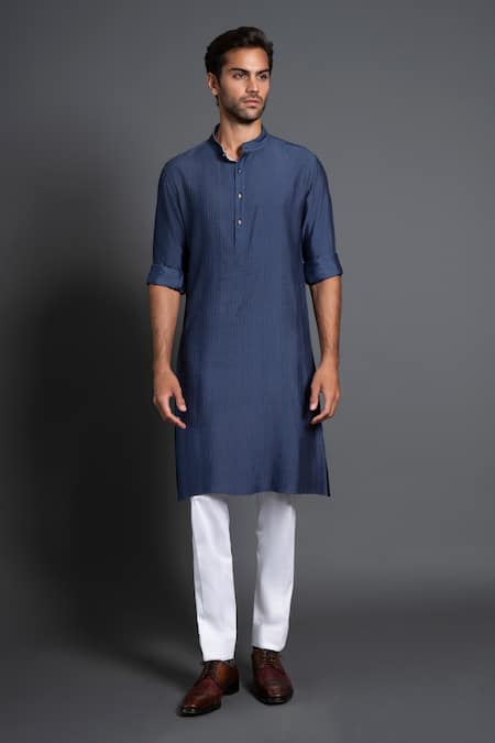 Raghavendra Rathore Jodhpur Blue Silk Embroidery Kantha Work And Pintuck Kurta