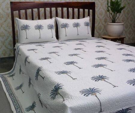 Cocobee White 100% Cotton Hand Block Print Palm Tree Bedcover Set