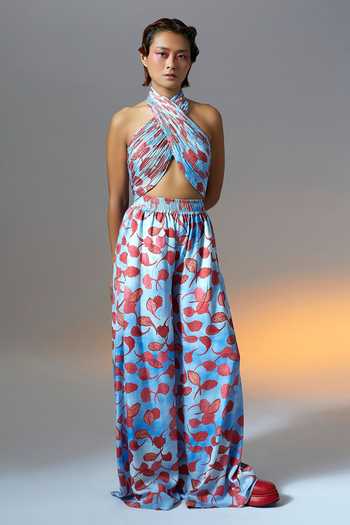 Buy Blue Modal Embroidery Halter Neck Harmony Printed Top Buy Blue Modal Embroidery Halter Neck Harmony Printed Top