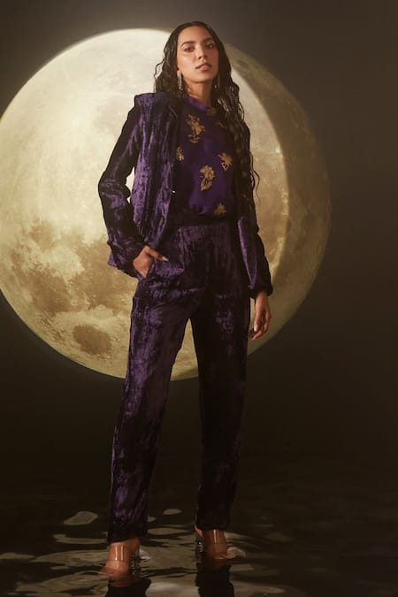 Dohr India Purple Silk, Velvet, Organza Embroidery, Foil Printing Notched Lapel Suit Set 