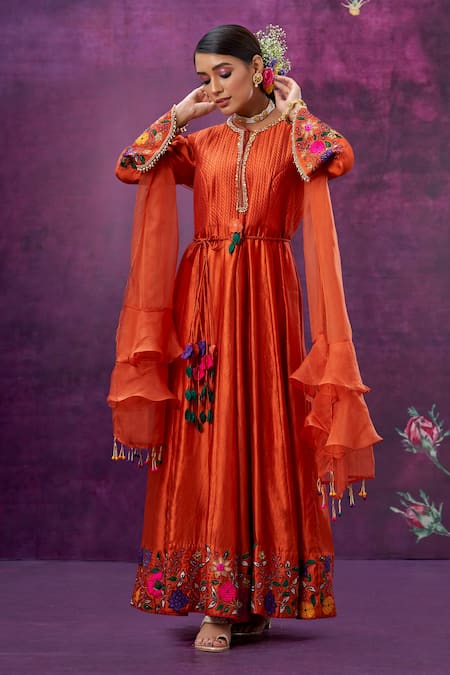 Label Niti Bothra Orange Kora Silk Mughal Round Applique Anarkali With Dupatta 