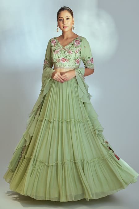 suruchi parakh Green Woven And Embroidered Thread & Sequin Work V Neck Pleated Tiered Lehenga Set